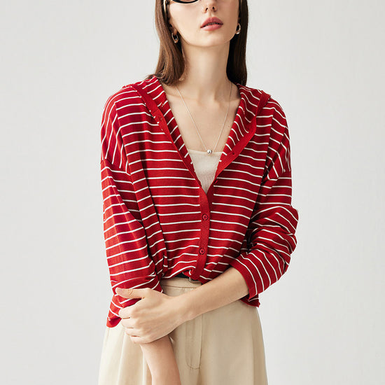 COMOBOCA Women's Striped Button Hooded Cardigan