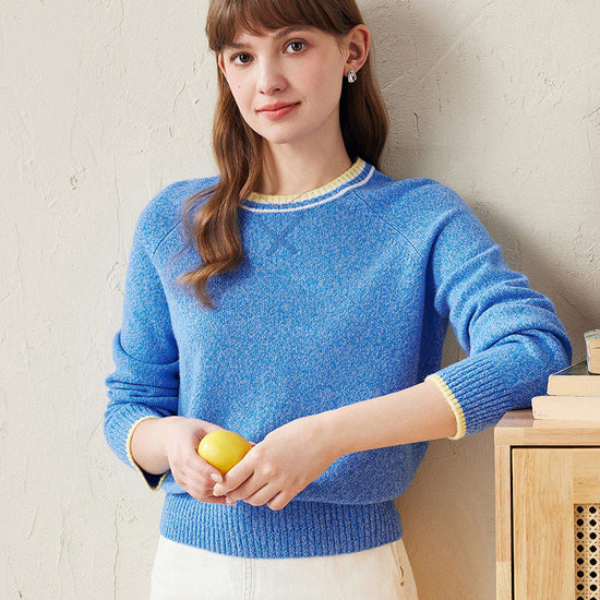 COMOBOCA Blue 100% Wool Women's Contrast Trim Knit Sweater