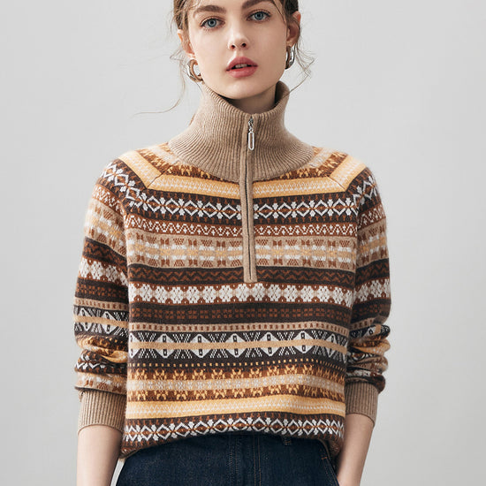 COMOBOCA Fair Isle 100% Cashmere Women's Fair Isle Half Zip Sweater