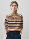 COMOBOCA Fair Isle 100% Cashmere Women's Fair Isle Half Zip Sweater