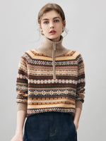 COMOBOCA Fair Isle 100% Cashmere Women's Fair Isle Half Zip Sweater