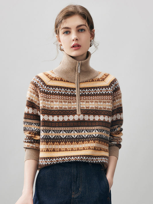 COMOBOCA Fair Isle 100% Cashmere Women's Fair Isle Half Zip Sweater