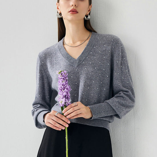 COMOBOCA 100% Cashmere Women's Sweater with Crystal Embellishments