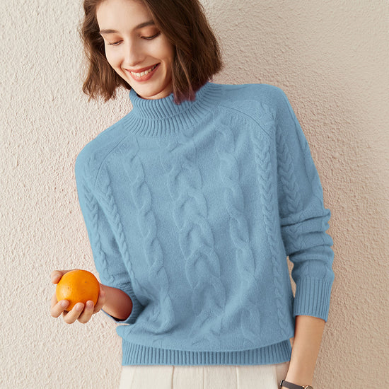 COMOBOCA 100% Cashmere Women's Turtleneck Cable Knit Sweater