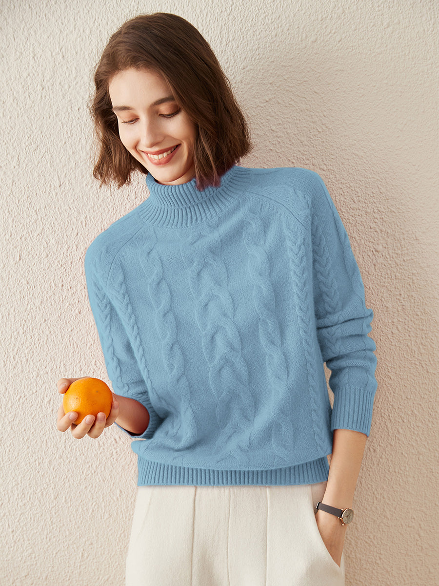 COMOBOCA 100% Cashmere Women's Turtleneck Cable Knit Sweater