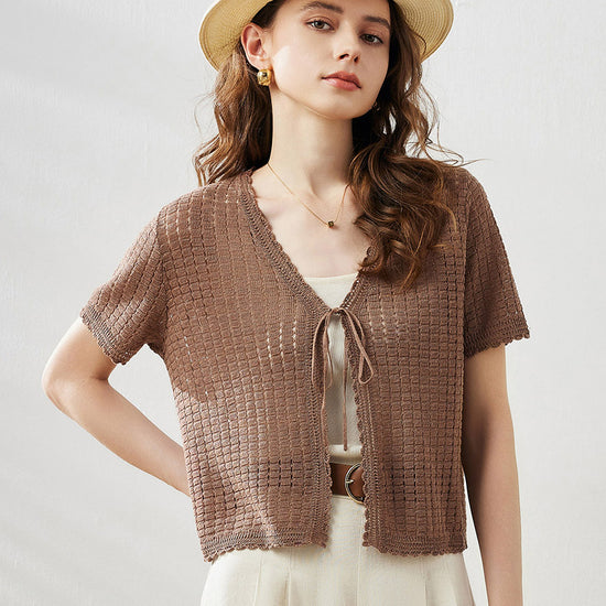 COMOBOCA Coffee Camel Women's Linen Crochet Tie Short Sleeve Cardigan