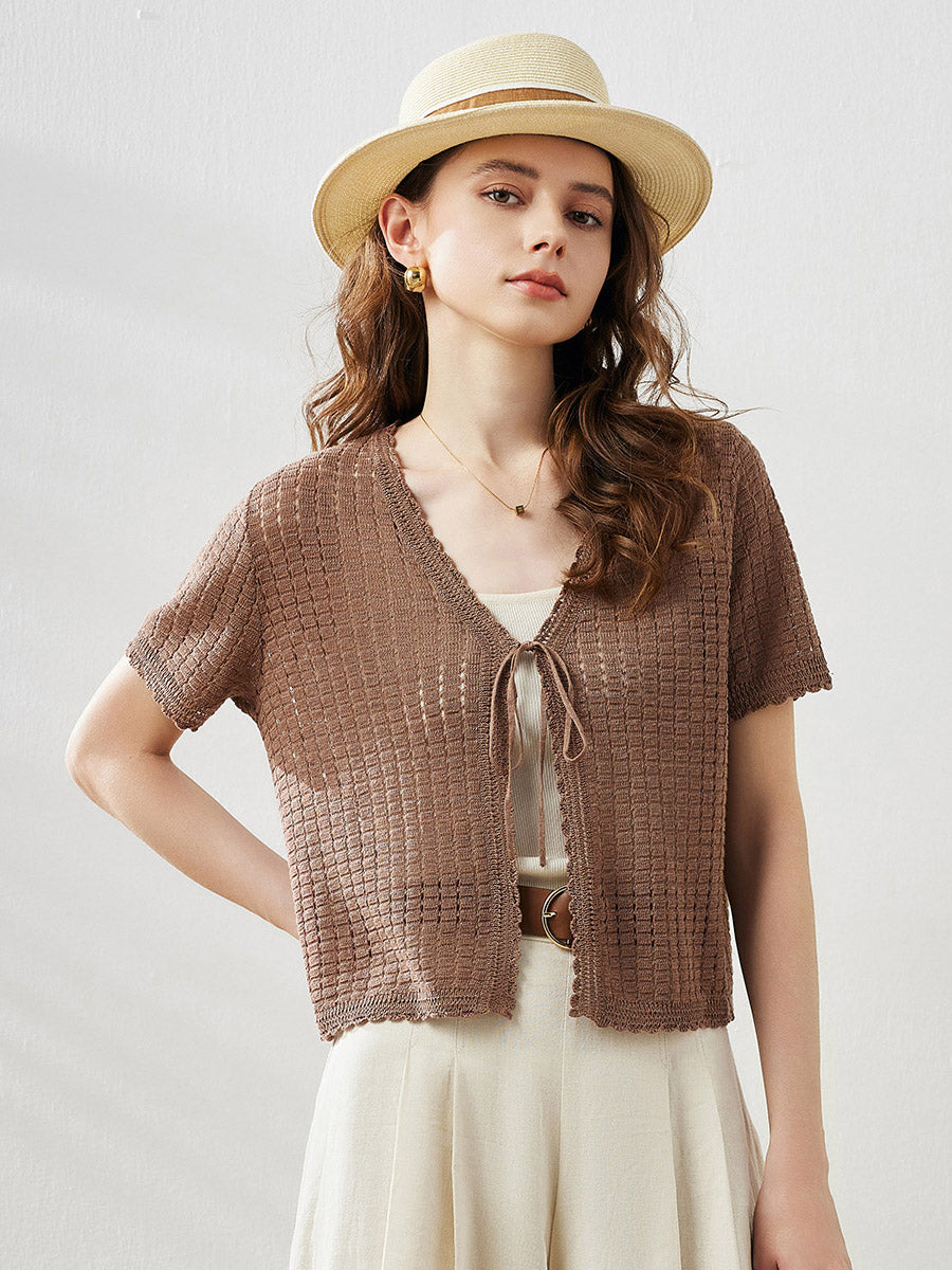 COMOBOCA Coffee Camel Women's Linen Crochet Tie Short Sleeve Cardigan