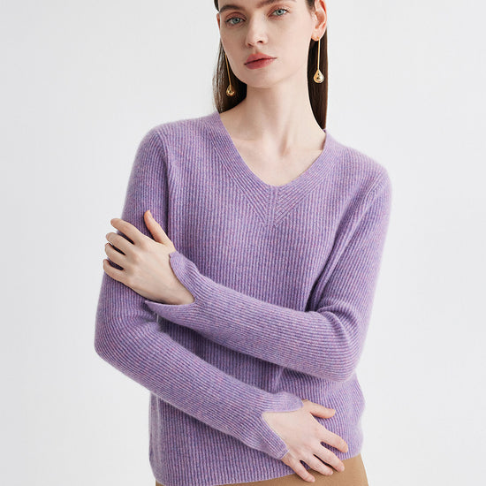 COMOBOCA 100% Cashmere Women's V-Neck Ribbed Knit Sweater