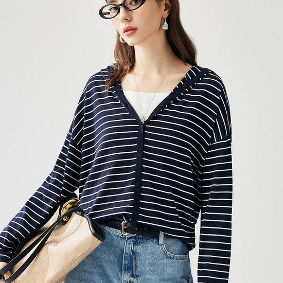 COMOBOCA Women's Striped Button Hooded Cardigan