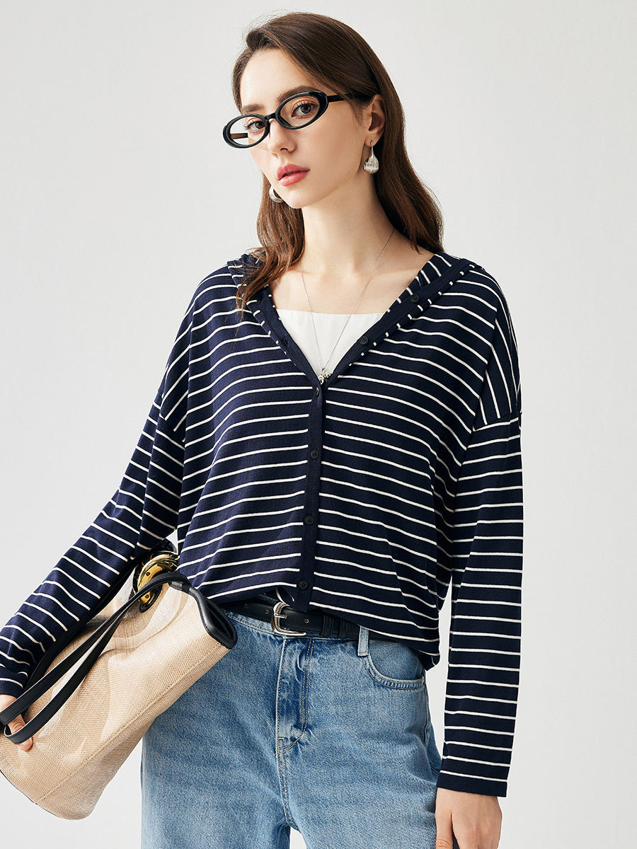 COMOBOCA Women's Striped Button Hooded Cardigan