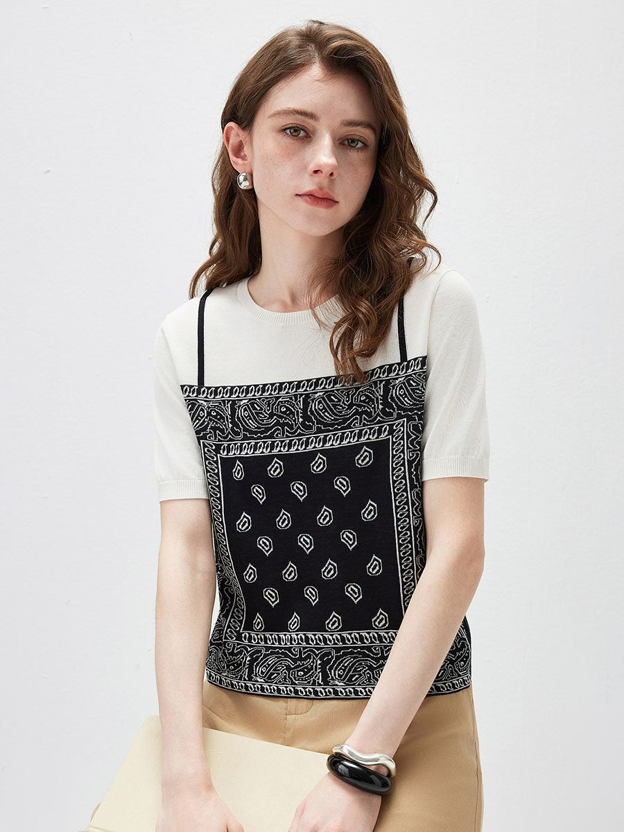 COMOBOCA Women's 2-in-1 Bandana Print Knit Top