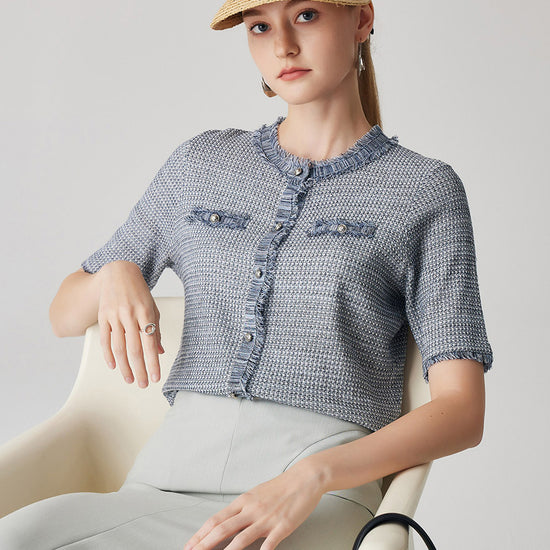 COMOBOCA Women's Cotton Silk Frayed Edge Button-Up Blouse