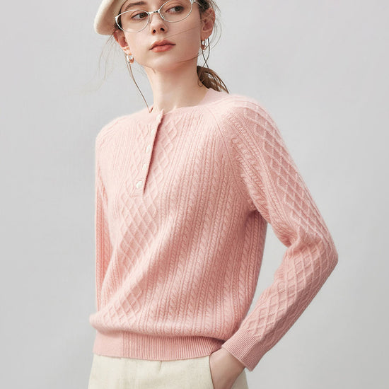 COMOBOCA 100% Cashmere Women's Cable Knit Button Front Sweater