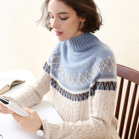 COMOBOCA 100% Cashmere Women's Mock Neck Fair Isle Cable Knit Sweater