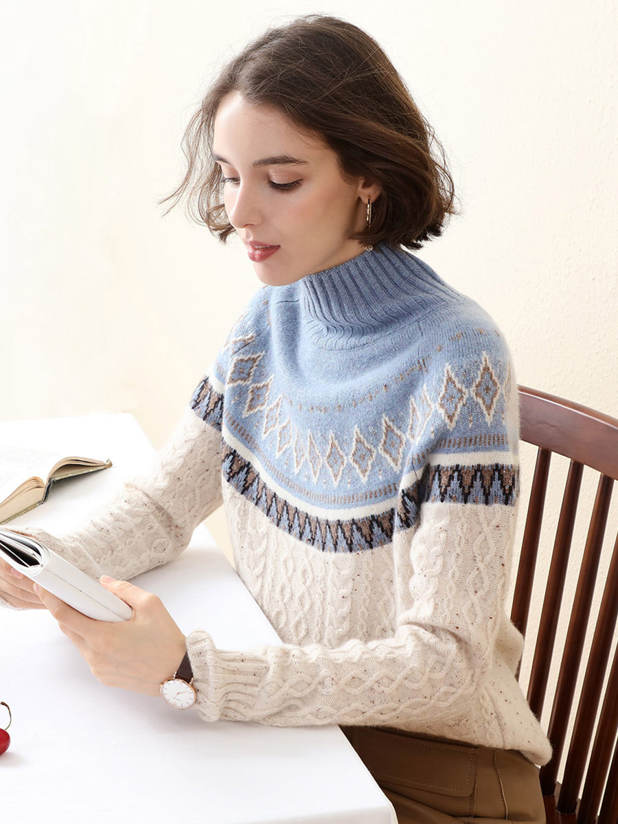 COMOBOCA 100% Cashmere Women's Mock Neck Fair Isle Cable Knit Sweater