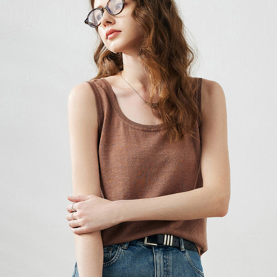 COMOBOCA Coffee Camel Women's Linen Versatile Basic Tank Top