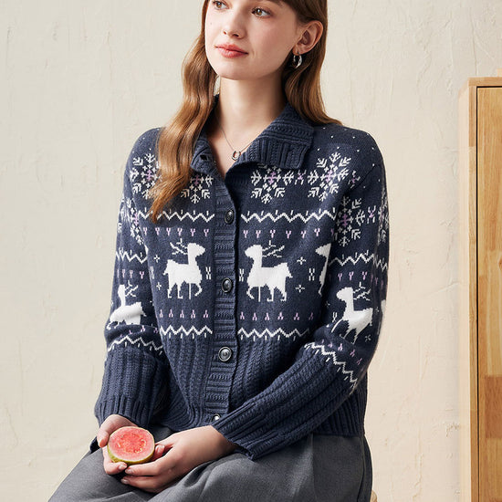 COMOBOCA 100% Wool Women's Reindeer Knit Cardigan