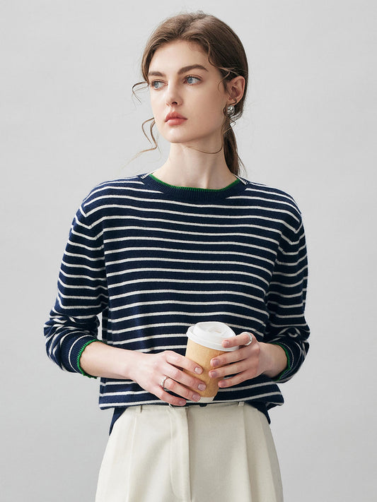COMOBOCA Navy Blue 100% Cashmere Women's Striped Round Neck Sweater