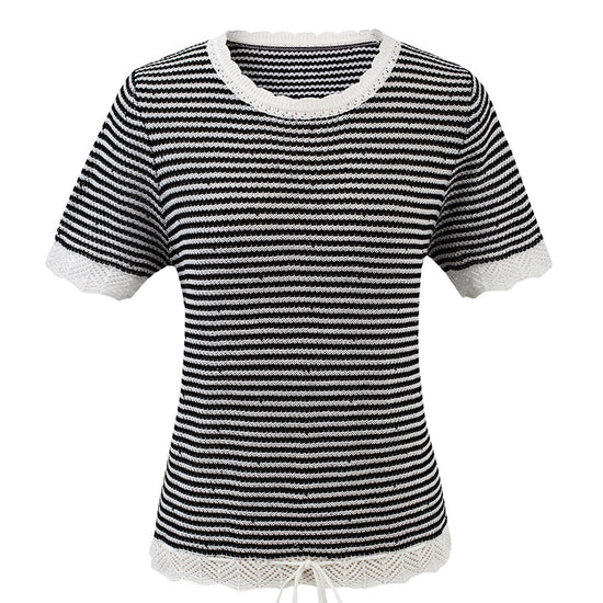 COMOBOCA Women's Drawstring Striped Lace Trim Knit T-Shirt
