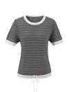 COMOBOCA Women's Drawstring Striped Lace Trim Knit T-Shirt