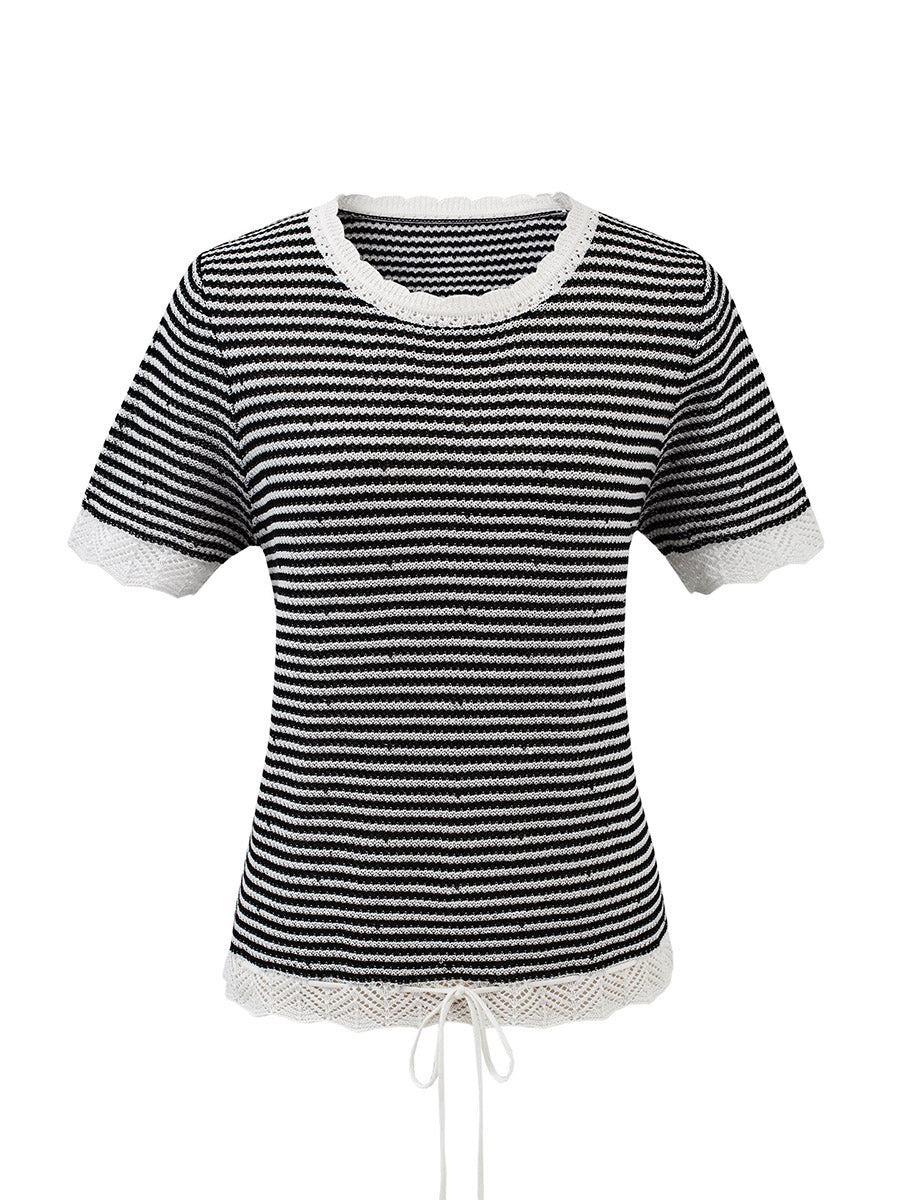 COMOBOCA Women's Drawstring Striped Lace Trim Knit T-Shirt