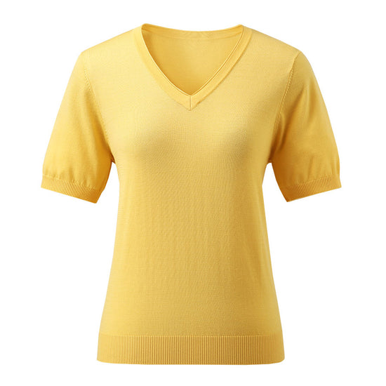 COMOBOCA Women's Lyocell V-Neck Ribbed Knit T-Shirt