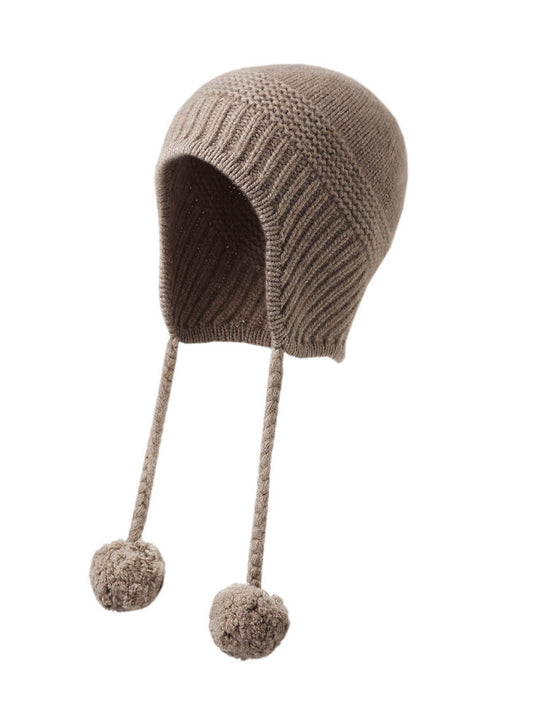COMOBOCA Coffee Camel 100% Cashmere Women's Ear Flap Beanie with Pom-Poms