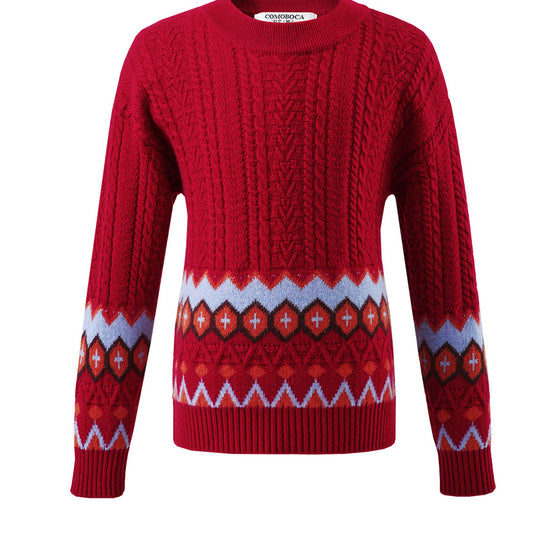 COMOBOCA 100% Wool Kids' Round Neck Striped Cable Knit Sweater