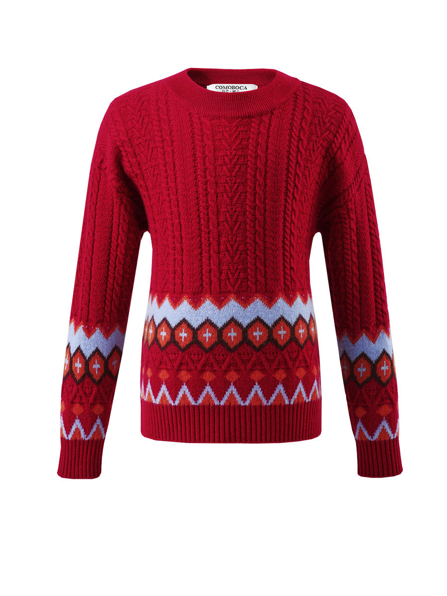 COMOBOCA 100% Wool Kids' Round Neck Striped Cable Knit Sweater