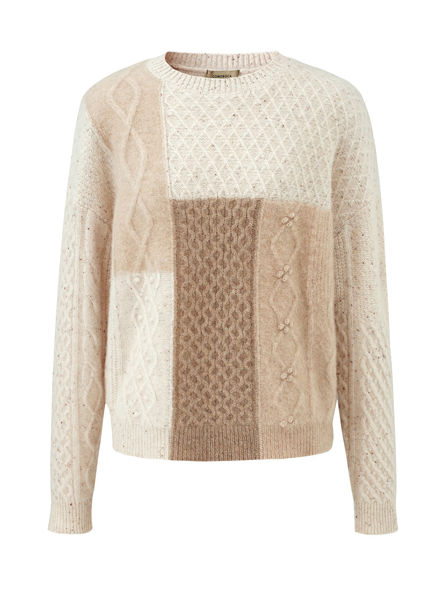 COMOBOCA 100% Cashmere Women's Patchwork Cable Knit Sweater