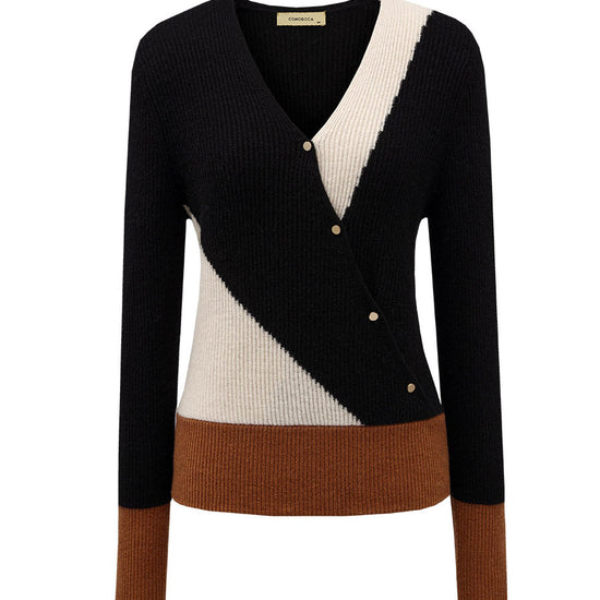 COMOBOCA 100% Cashmere Women's V-Neck Color Block Faux Sweater
