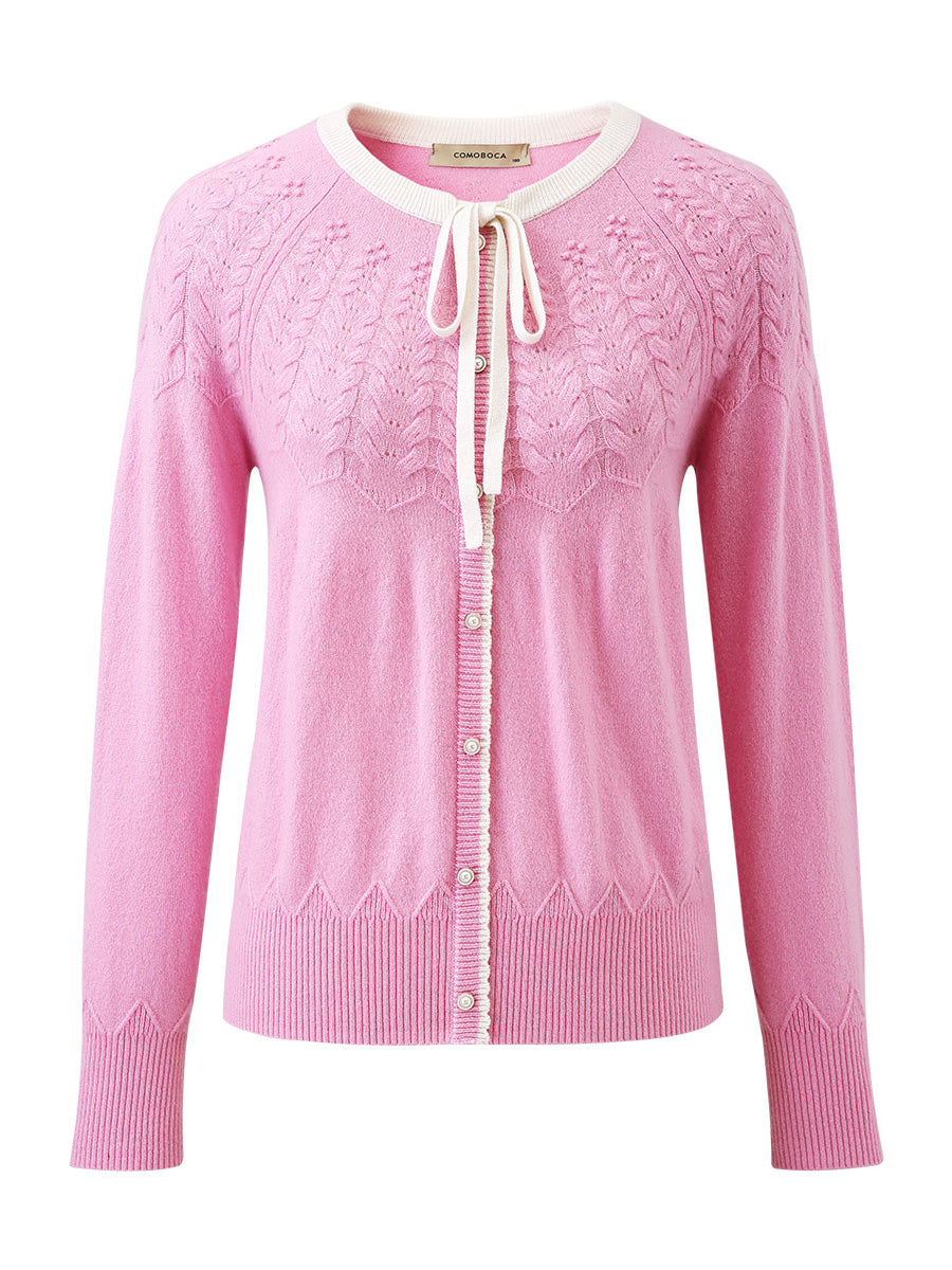 COMOBOCA 100% Cashmere Women's Faux Cardigan Sweater with Bow Tie