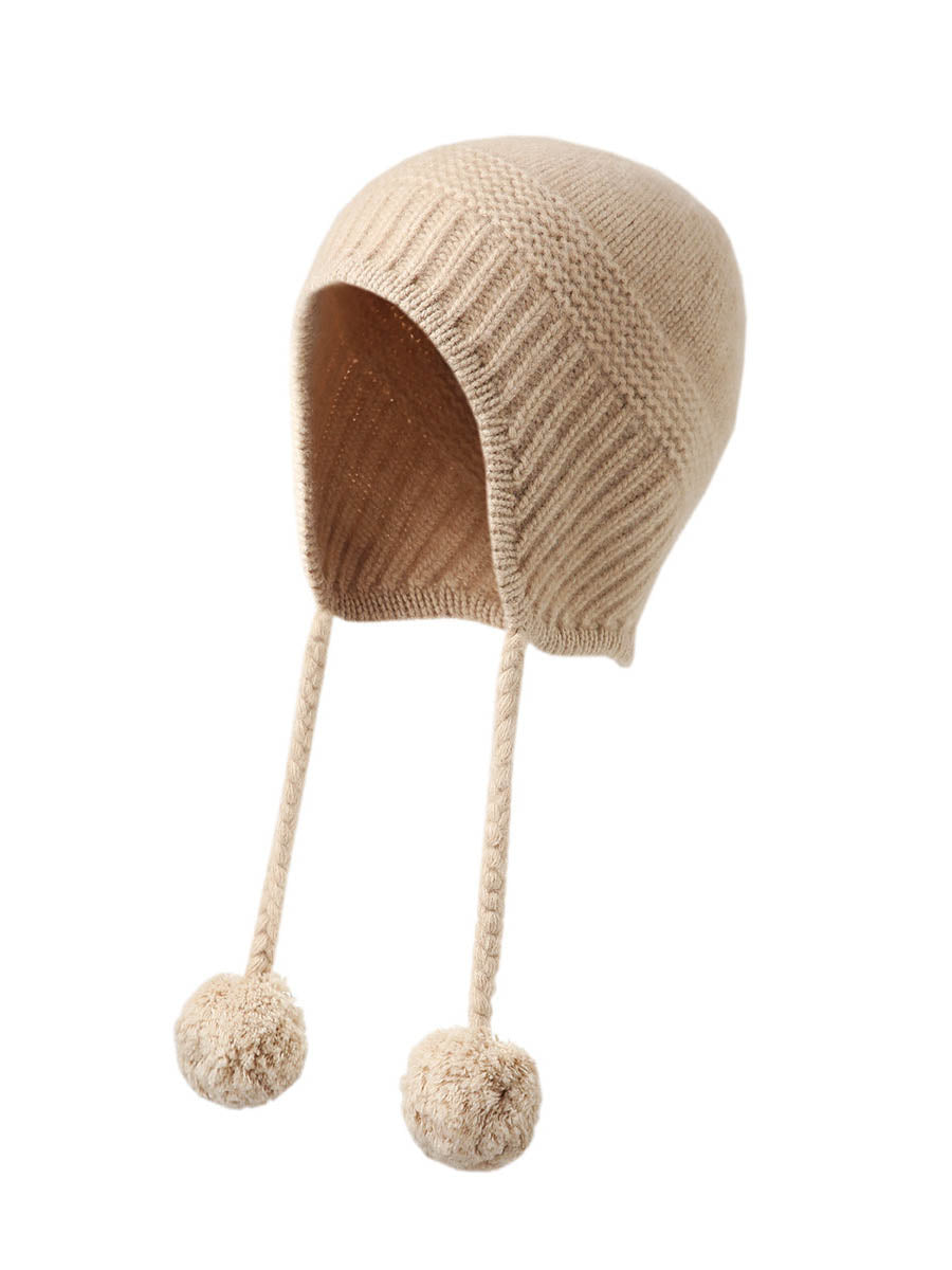 COMOBOCA Beige 100% Cashmere Women's Ear Flap Beanie with Pom-Poms