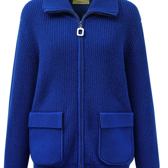 COMOBOCA 100% Wool Women's Knit Zipper Cardigan with Pockets