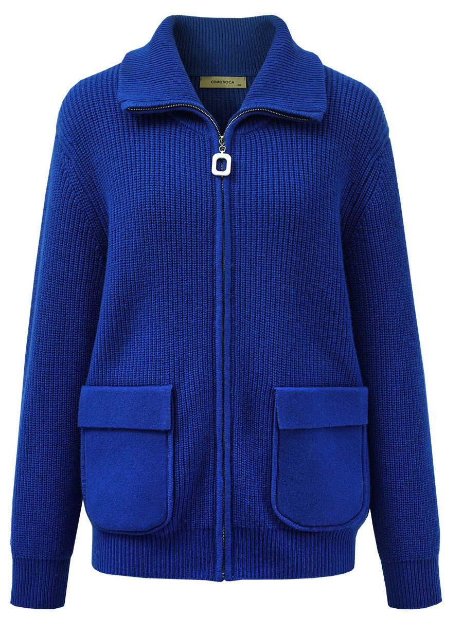 COMOBOCA 100% Wool Women's Knit Zipper Cardigan with Pockets
