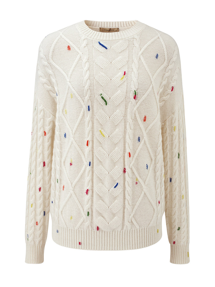 COMOBOCA 100% Cashmere Women's Cable Knit Colorful Accents Sweater