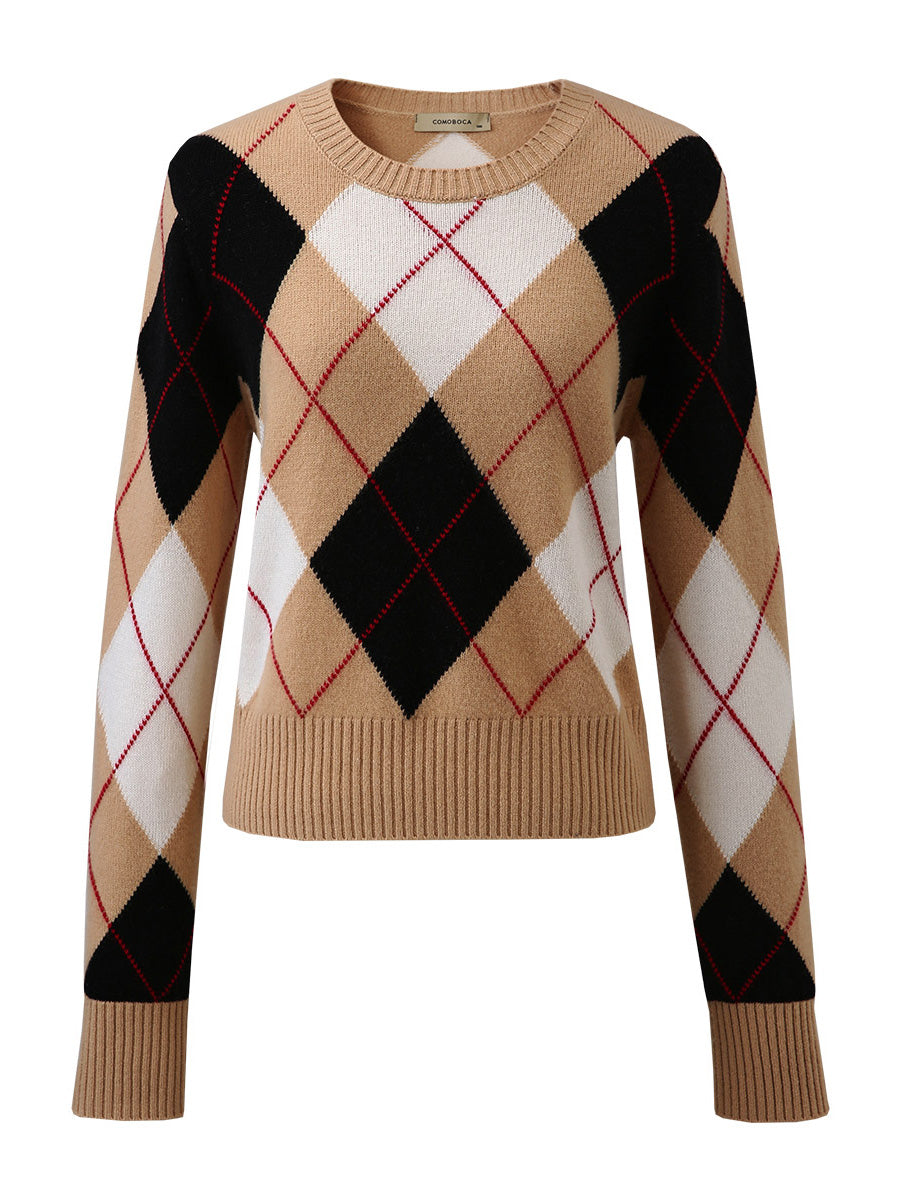 COMOBOCA 100% Wool Women's Argyle Pattern Knit Sweater