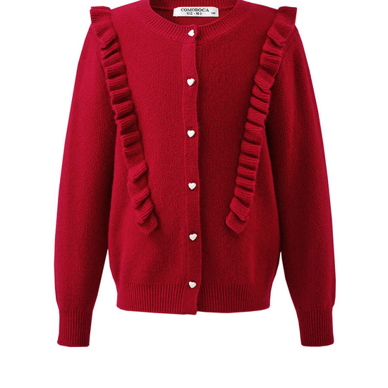 COMOBOCA 100% Wool Kids' Round Neck Heart Button Cardigan