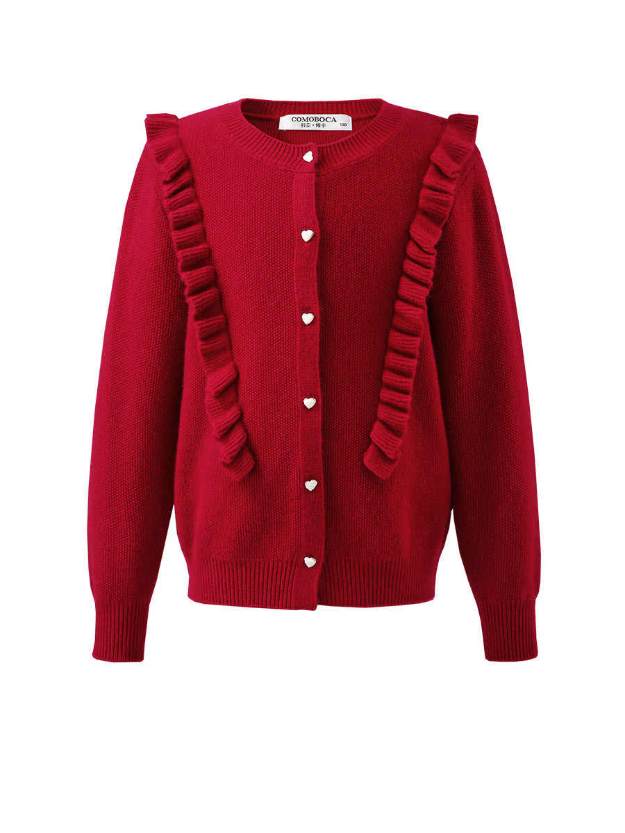 COMOBOCA 100% Wool Kids' Round Neck Heart Button Cardigan