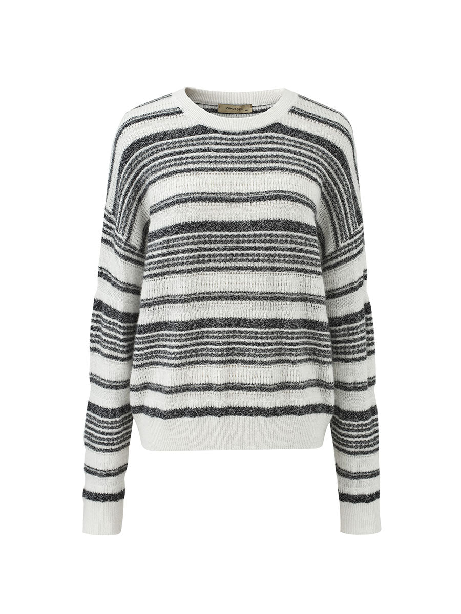 COMOBOCA 100% Cashmere Women's Striped Knit Round Neck Sweater