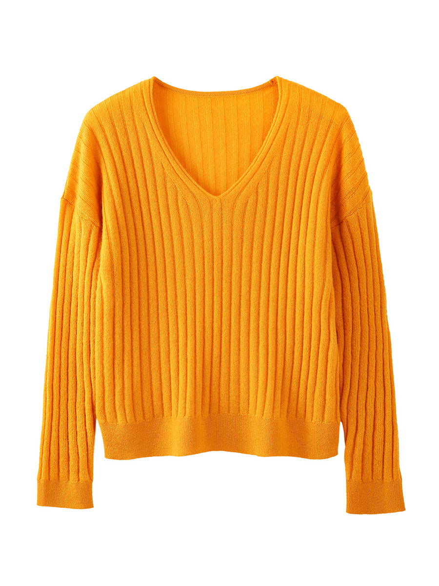 COMOBOCA 100% Cashmere Women's Cozy Ribbed V-Neck Sweater