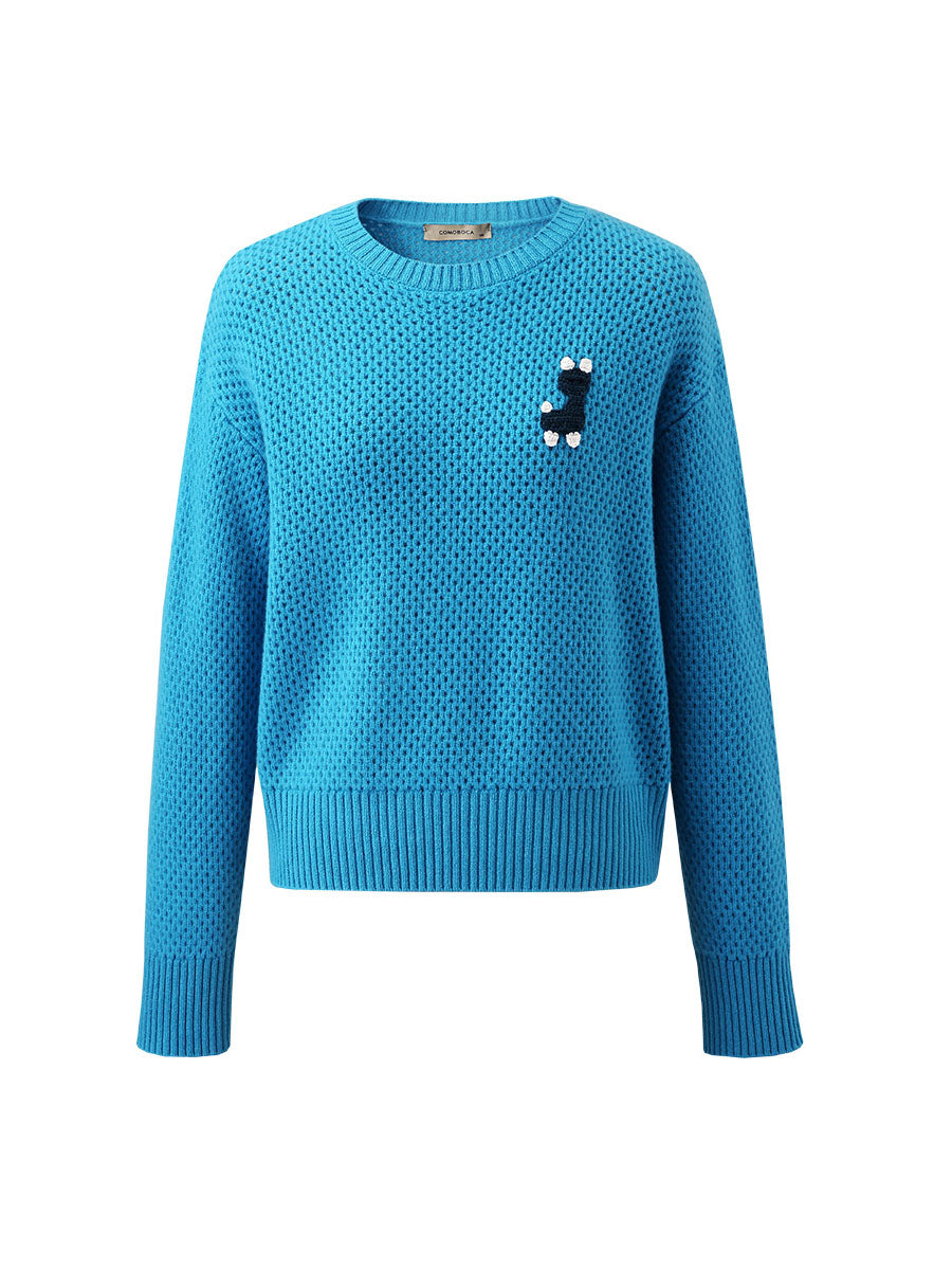 COMOBOCA 100% Wool Women's Embroidered Patch Knit Sweater