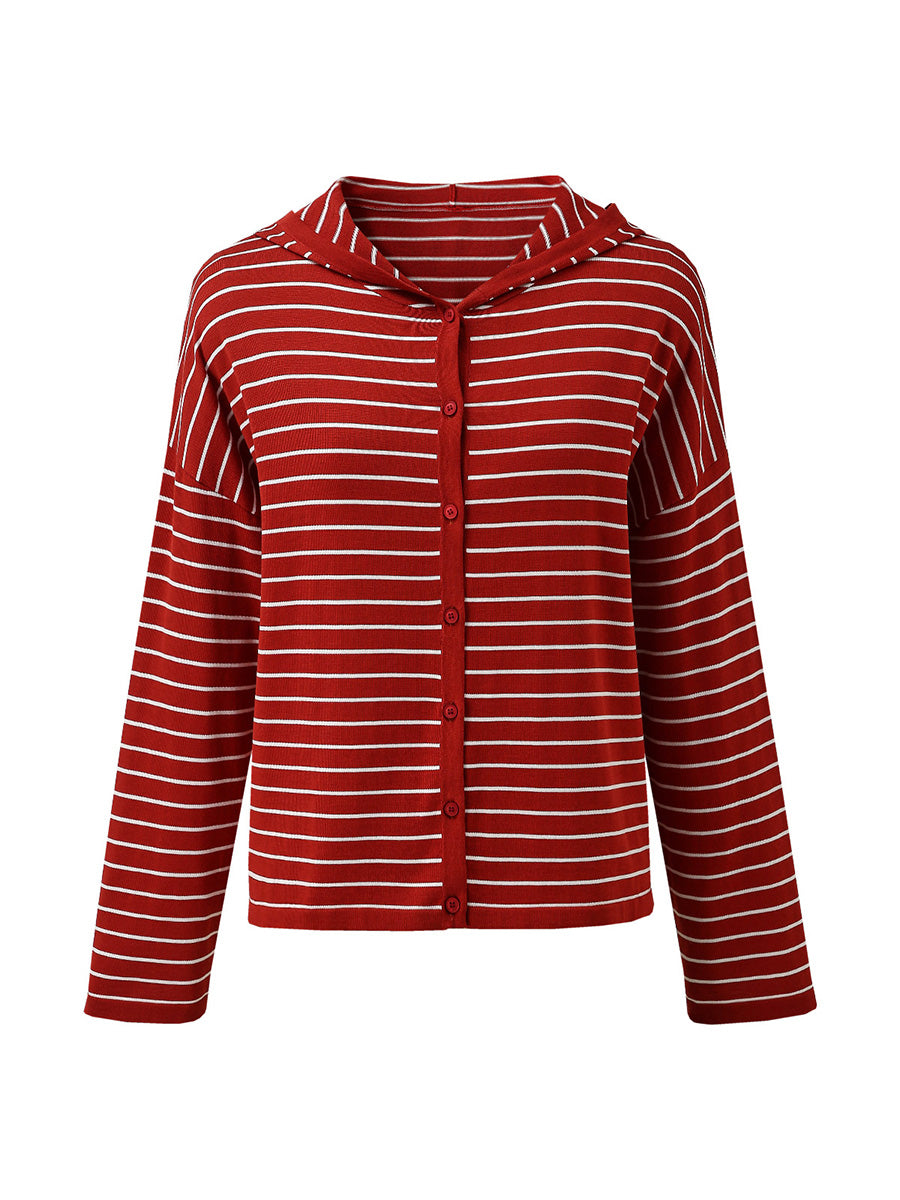 COMOBOCA Women's Striped Button Hooded Cardigan