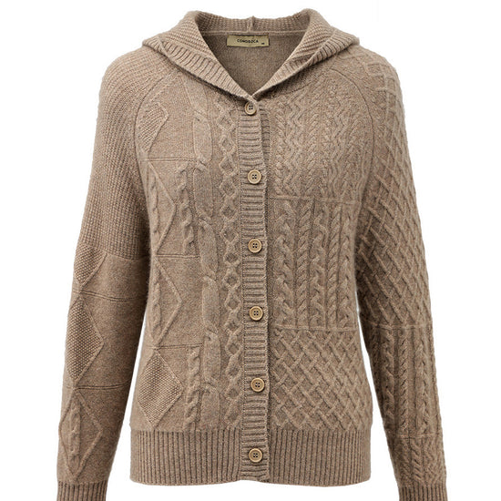 COMOBOCA 100% Cashmere Luxurious Cable Knit Hooded Cardigan