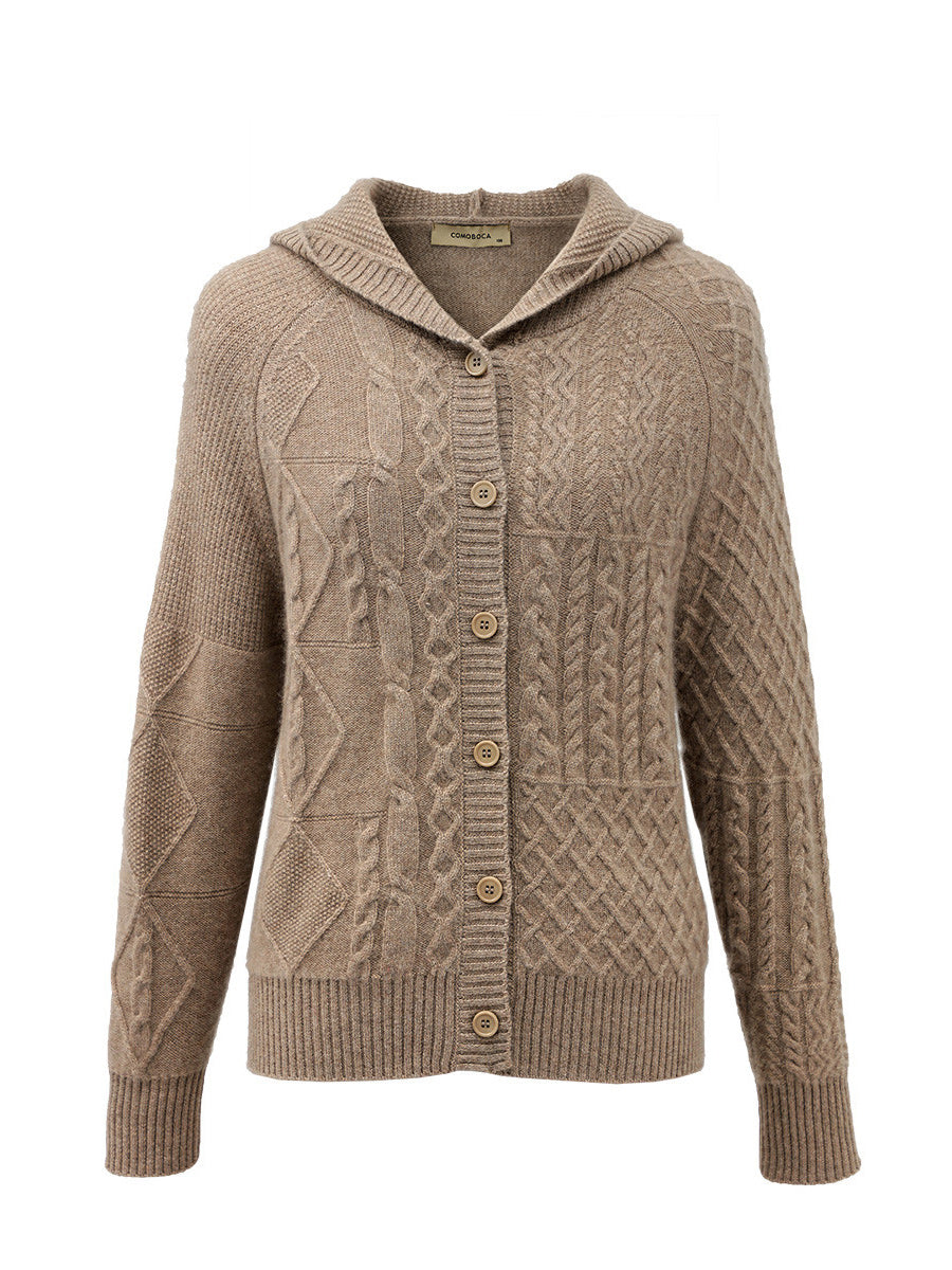 COMOBOCA 100% Cashmere Luxurious Cable Knit Hooded Cardigan