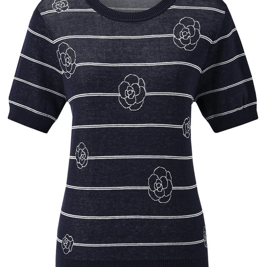 COMOBOCA Women's Striped Floral Knit T-Shirt