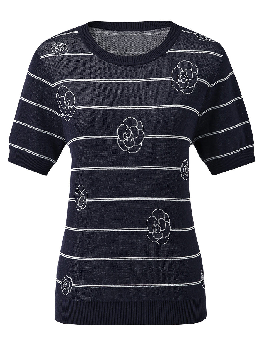 COMOBOCA Women's Striped Floral Knit T-Shirt