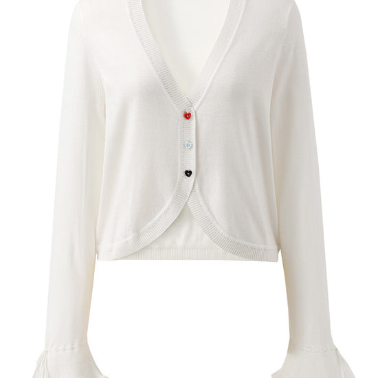COMOBOCA Women's Heart Button Cropped Ruffle Bell Cardigan
