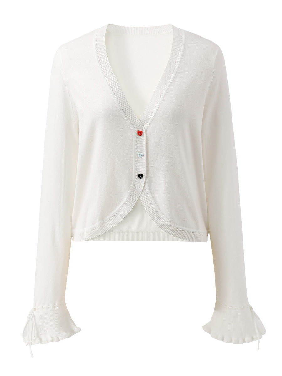 COMOBOCA Women's Heart Button Cropped Ruffle Bell Cardigan