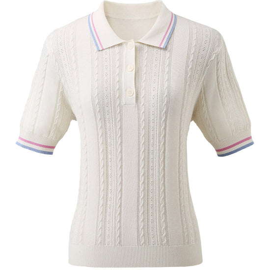 COMOBOCA Women's Cable Color Trimmed Knit Polo T-Shirt